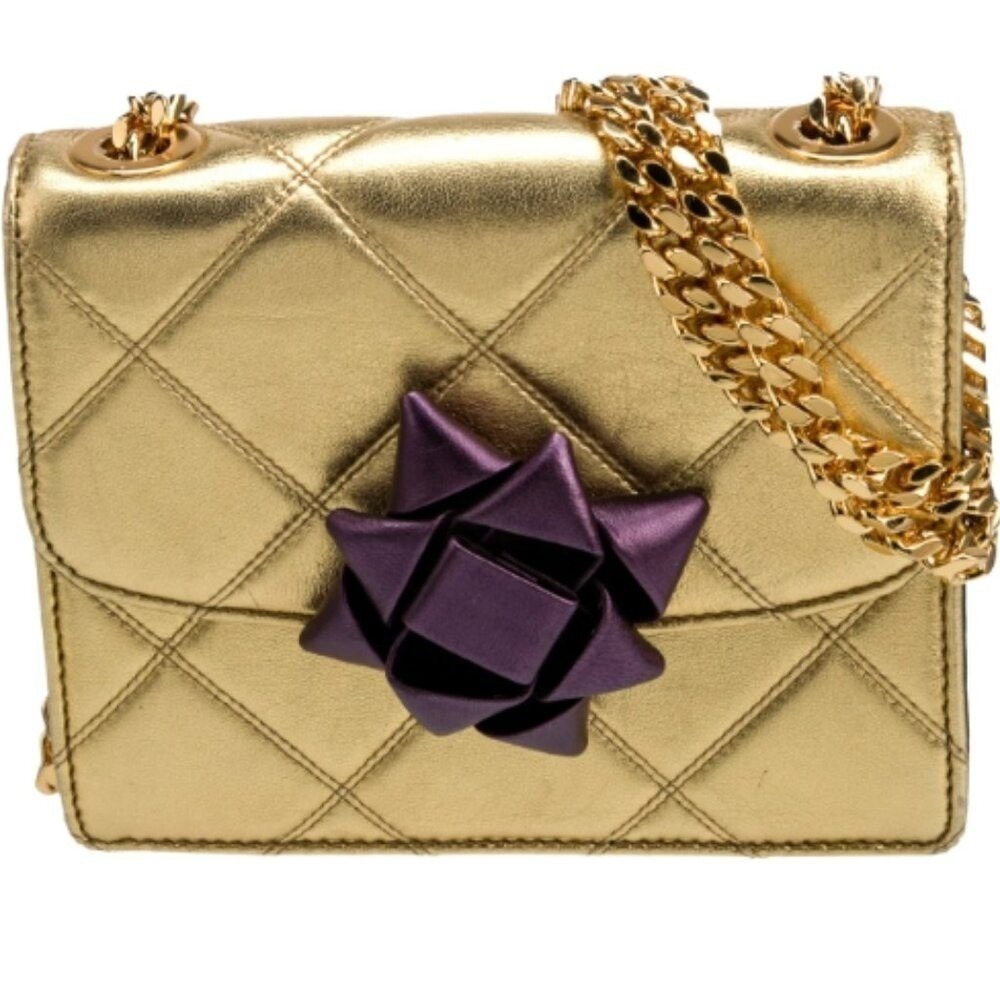Marc Jacobs Rare Metallic Gold Quilted Leather Bow Mini Trouble Crossbody Bag - Picture 16 of 16